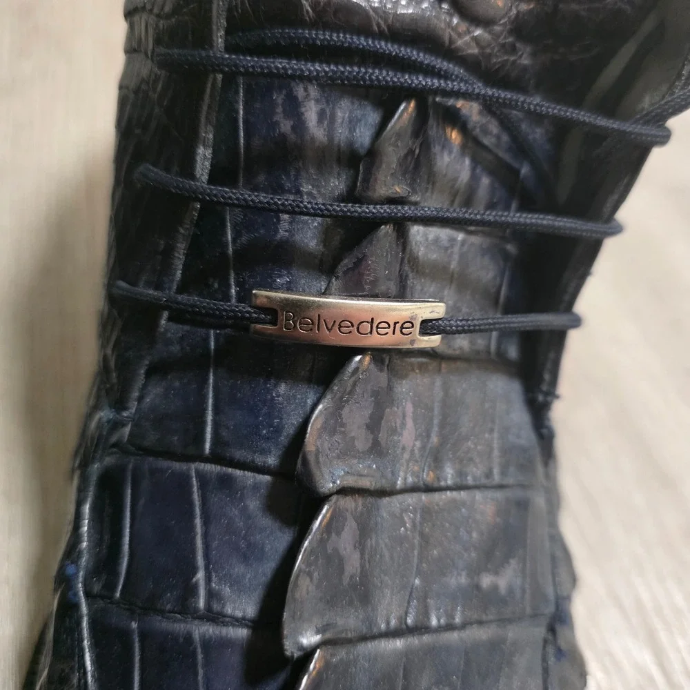 Belvedere Men Alligator Skin Hornback Ankle Boots Navy Blue Lug Sole Size 13 746